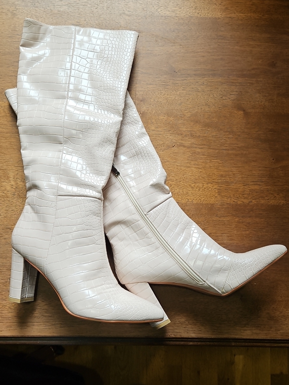 Faux Croc-Embossed Cream Knee Boots with Block Heel